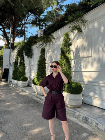 Yakalı Gömlek Kemerli Şortlu Takım - Bordo - 4