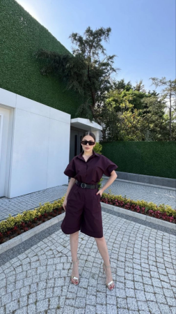 Yakalı Gömlek Kemerli Şortlu Takım - Bordo - 1