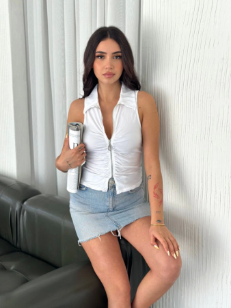 Yakalı Tam Fermuarlı Kolsuz Bluz - Beyaz - 3