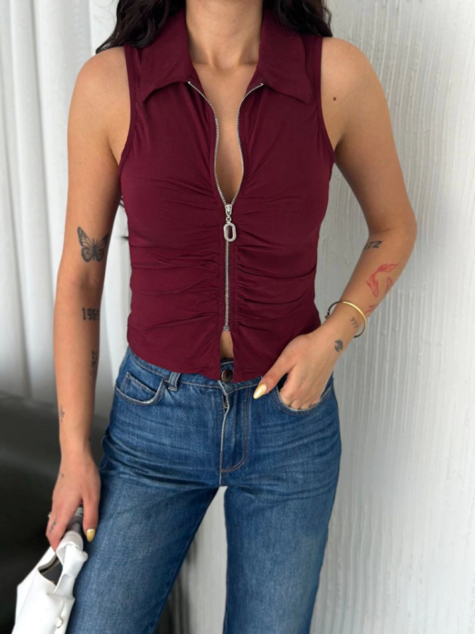 Yakalı Tam Fermuarlı Kolsuz Bluz - Bordo - 1