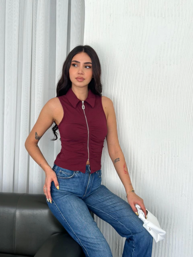 Yakalı Tam Fermuarlı Kolsuz Bluz - Bordo - 3