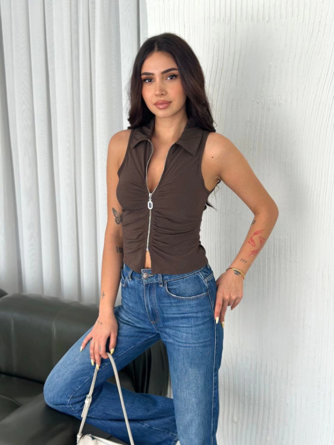 Yakalı Tam Fermuarlı Kolsuz Bluz - Kahverengi - 3
