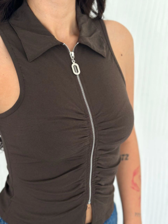 Yakalı Tam Fermuarlı Kolsuz Bluz - Kahverengi - 1