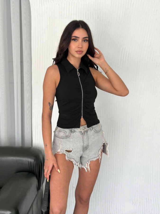 Yakalı Tam Fermuarlı Kolsuz Bluz - Siyah - 3