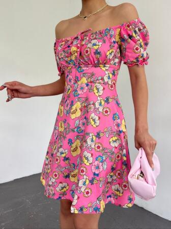 Yakası Lastikli Bağcık Detaylı Mini Elbise -Pembe - ANGELINO BuyukBedeniz