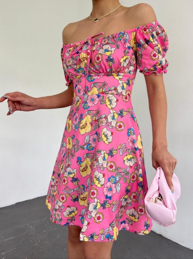 Yakası Lastikli Bağcık Detaylı Mini Elbise -Pembe - 1