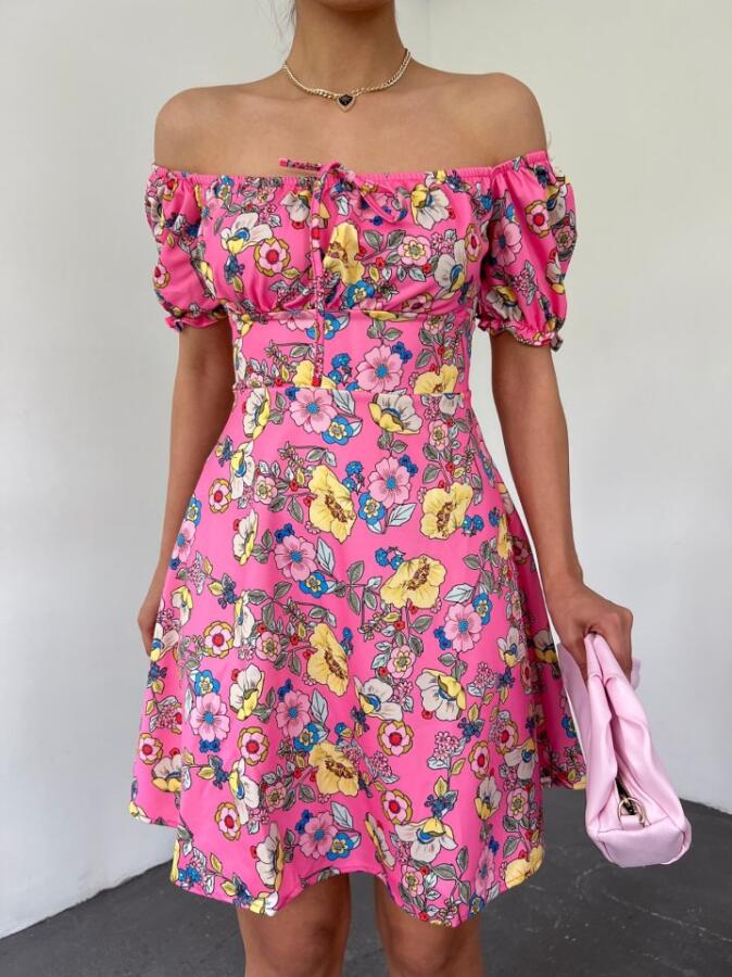 Yakası Lastikli Bağcık Detaylı Mini Elbise -Pembe - 2