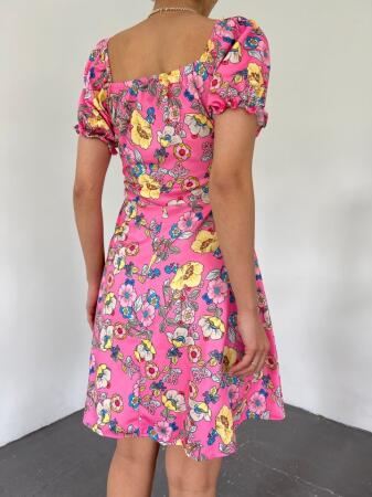 Yakası Lastikli Bağcık Detaylı Mini Elbise -Pembe - 3