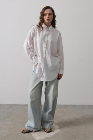 Yan Büzmeli Tunik Gömlek - Beyaz - ANGELINO BuyukBedeniz