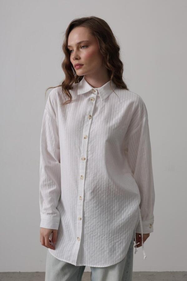 Yan Büzmeli Tunik Gömlek - Beyaz - 2