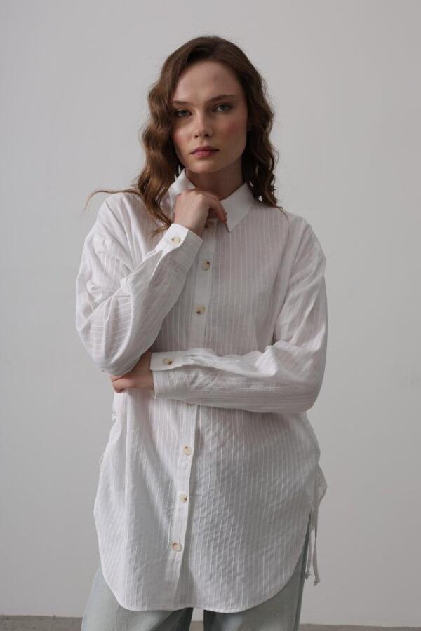 Yan Büzmeli Tunik Gömlek - Beyaz - 3