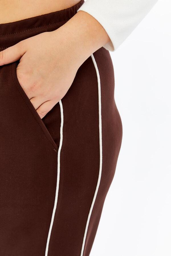 Yanları Çift Şeritli Beli Lastikli Büyük Beden Eşofman Altı Kahve - 3