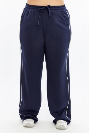 Yanları Çift Şeritli Beli Lastikli Büyük Beden Eşofman Altı Lacivert - RMG (1)