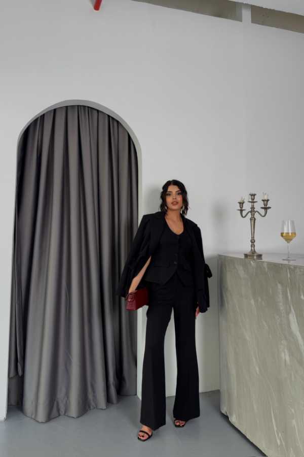 YANLARI KUŞAK DETAYLI CEKET -YELEK - PANTOLON TAKIM - Siyah - 3