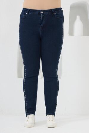 Yanları Taş Baskılı Büyük Beden Kot Pantolon Lacivert - RMG