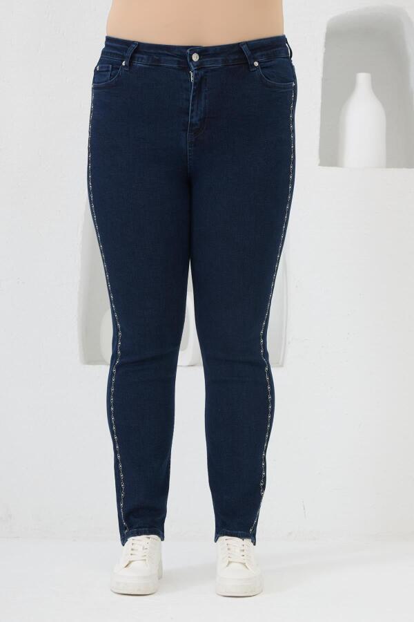 Yanları Taş Baskılı Büyük Beden Kot Pantolon Lacivert - 1