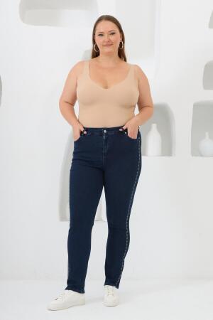 Yanları Taş Baskılı Büyük Beden Kot Pantolon Lacivert - 5