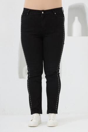Yanları Taş Baskılı Büyük Beden Kot Pantolon Siyah - RMG