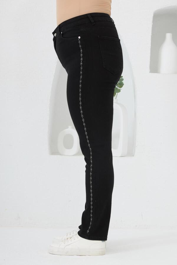 Yanları Taş Baskılı Büyük Beden Kot Pantolon Siyah - 3