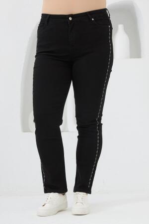 Yanları Taş Baskılı Büyük Beden Kot Pantolon Siyah - 4