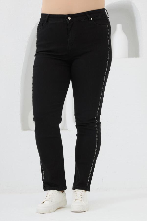 Yanları Taş Baskılı Büyük Beden Kot Pantolon Siyah - 4