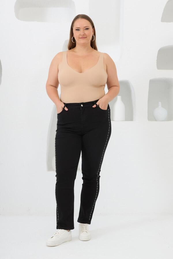 Yanları Taş Baskılı Büyük Beden Kot Pantolon Siyah - 5