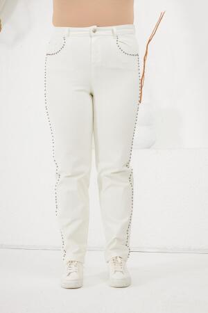 Yanları Taş Detaylı Büyük Beden Kot Pantolon Beyaz - RMG