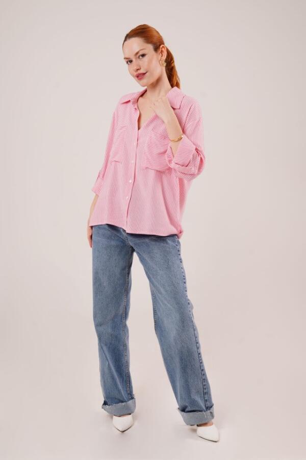 Yarasa Kol Çizgili Cep Detaylı Pembe Gömlek - 2