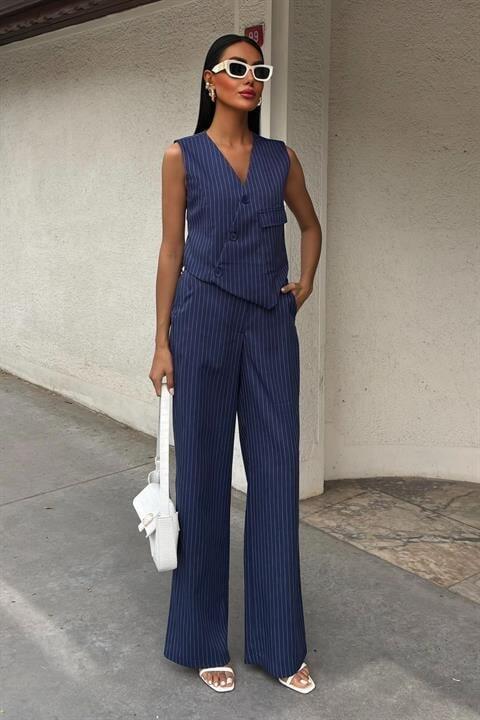 Yeleği Çapraz Detay Düğmeli Cepli Yelekli Takım 10150 - 1