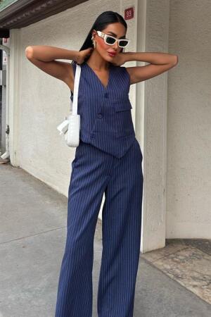 Yeleği Çapraz Detay Düğmeli Cepli Yelekli Takım 10150 - 7