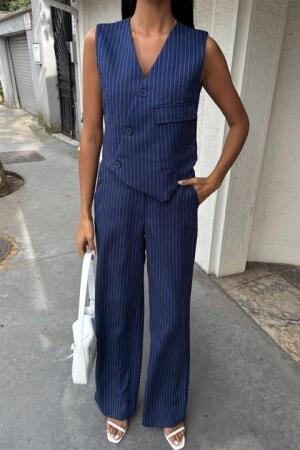 Yeleği Çapraz Detay Düğmeli Cepli Yelekli Takım 10150 - 8