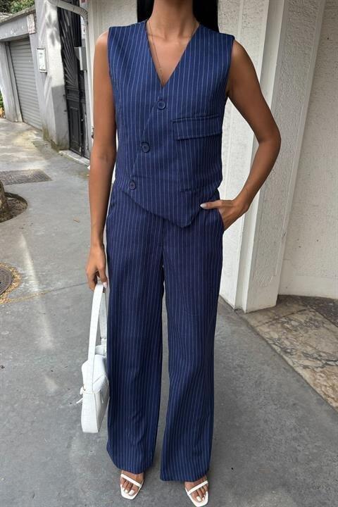 Yeleği Çapraz Detay Düğmeli Cepli Yelekli Takım 10150 - 8