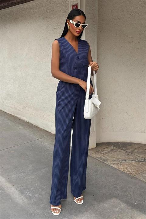 Yeleği Çapraz Detay Düğmeli Cepli Yelekli Takım 10150 - 9