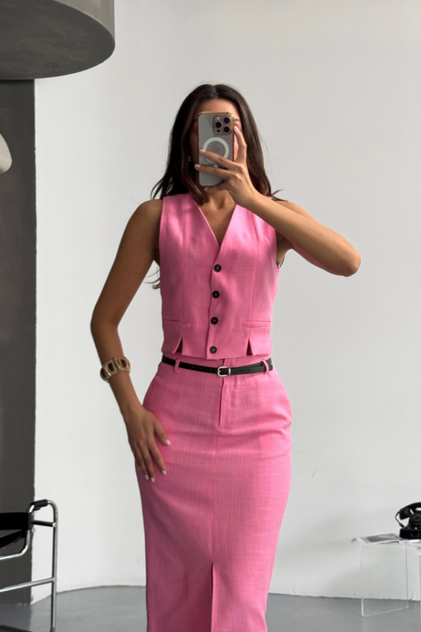 YELEK-ÖNDEN YIRTMAÇLI ETEK TK ŞANTUK KETEN - Pembe - 2