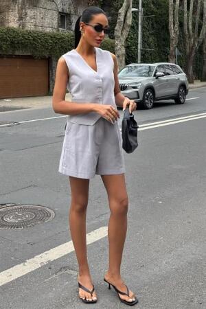 Yelek Şort Flamlı Keten Takım 10133-17 - ANGELINO BuyukBedeniz