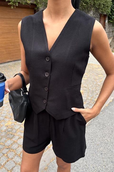 Yelek Şort Flamlı Keten Takım 10133-17 - 4