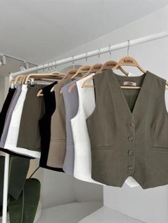 Yelek Şort Flamlı Keten Takım 10133-17 - 10