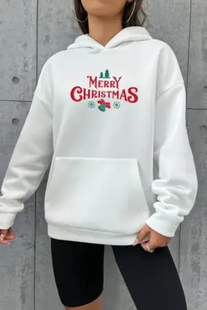 Yılbaşı Merry Christmas Baskılı Oversize Kapüşonlu Sweatshirt Hoodie - Beyaz - 1