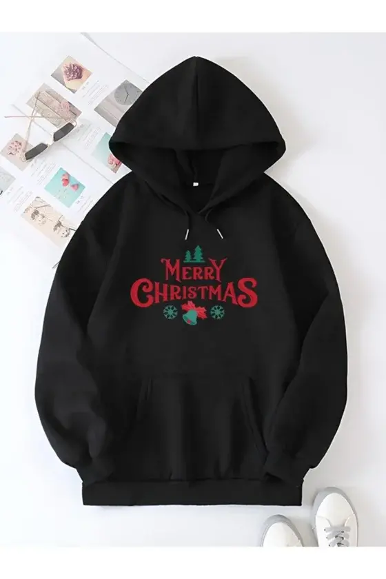 Yılbaşı Merry Christmas Baskılı Oversize Kapüşonlu Sweatshirt Hoodie - Siyah - 1