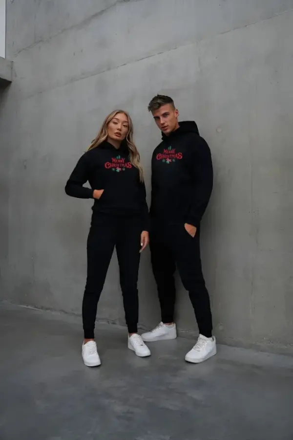 Yılbaşı Merry Christmas Baskılı Oversize Kapüşonlu Sweatshirt Hoodie - Siyah - 2
