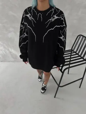 Yıldırım Baskılı Bisiklet Yaka SweatShirt - Siyah - 3