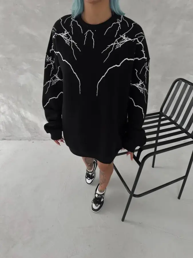 Yıldırım Baskılı Bisiklet Yaka SweatShirt - Siyah - 3