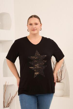 Yıldız Aplikeli Kadın Büyük Beden Tişört Siyah - RMG