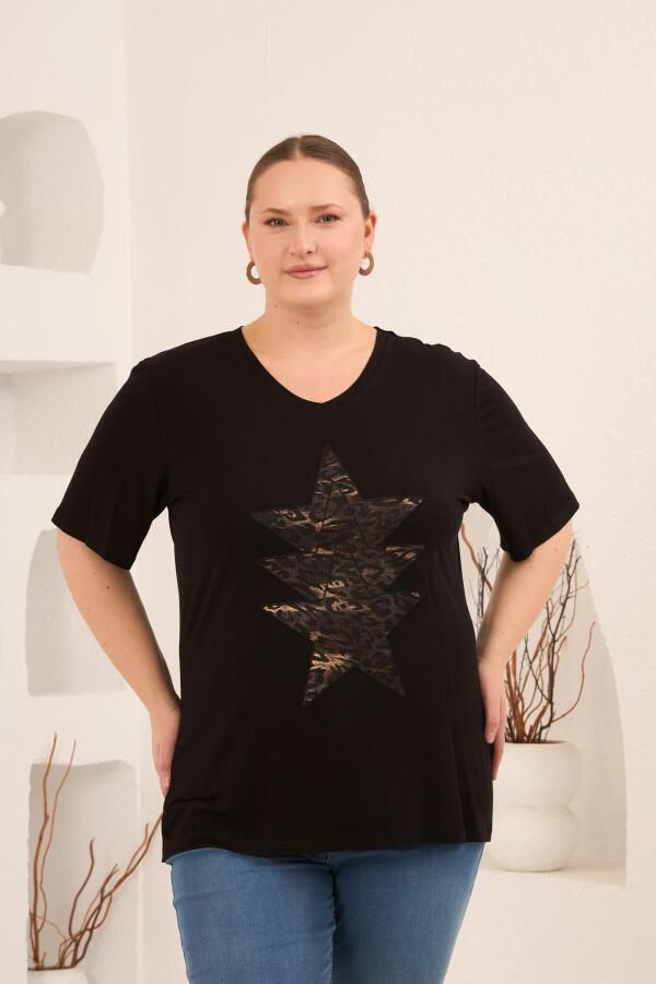 Yıldız Aplikeli Kadın Büyük Beden Tişört Siyah - 1
