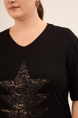 Yıldız Aplikeli Kadın Büyük Beden Tişört Siyah - RMG (1)