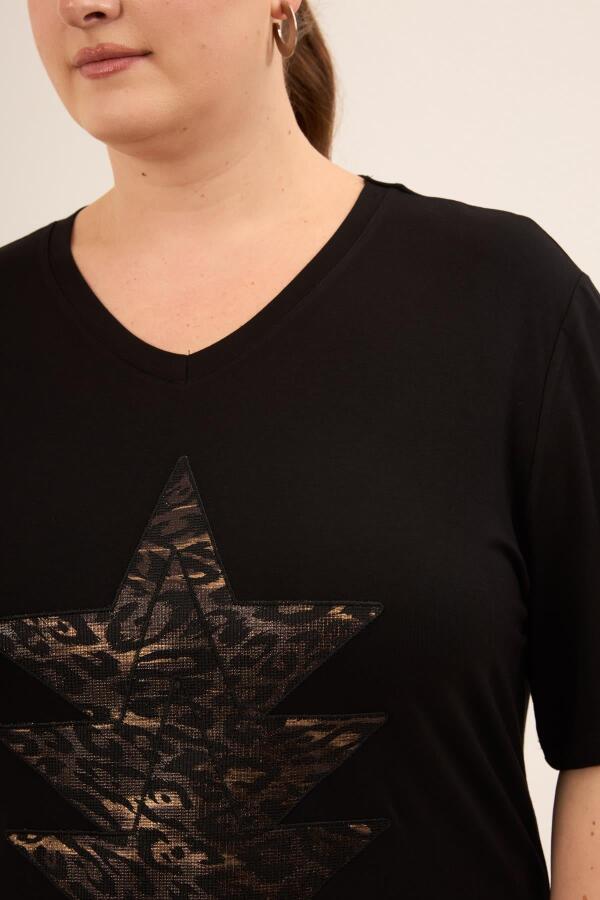 Yıldız Aplikeli Kadın Büyük Beden Tişört Siyah - 2