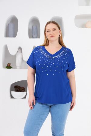 Yıldız Taş Baskılı Büyük Beden Tişört Saks - RMG