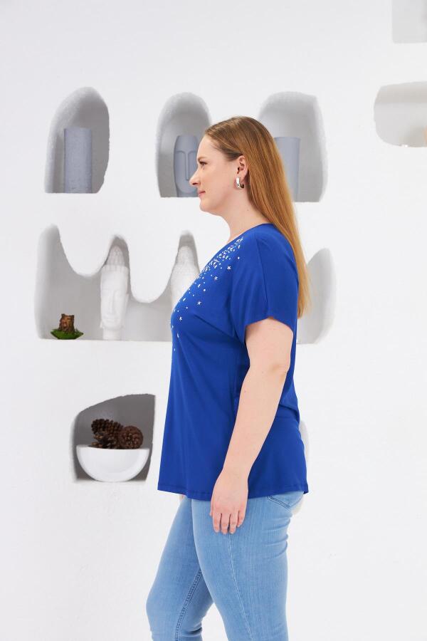 Yıldız Taş Baskılı Büyük Beden Tişört Saks - 3