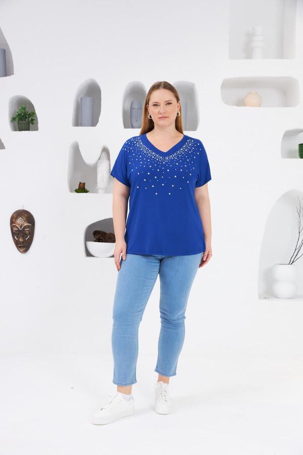 Yıldız Taş Baskılı Büyük Beden Tişört Saks - 4