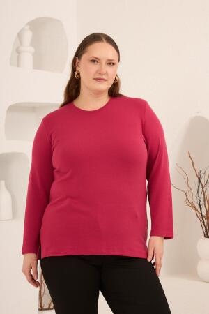 Yırtmaç Detaylı Bisiklet Yaka Kadın Büyük Beden Basic Triko Fuşya - 4